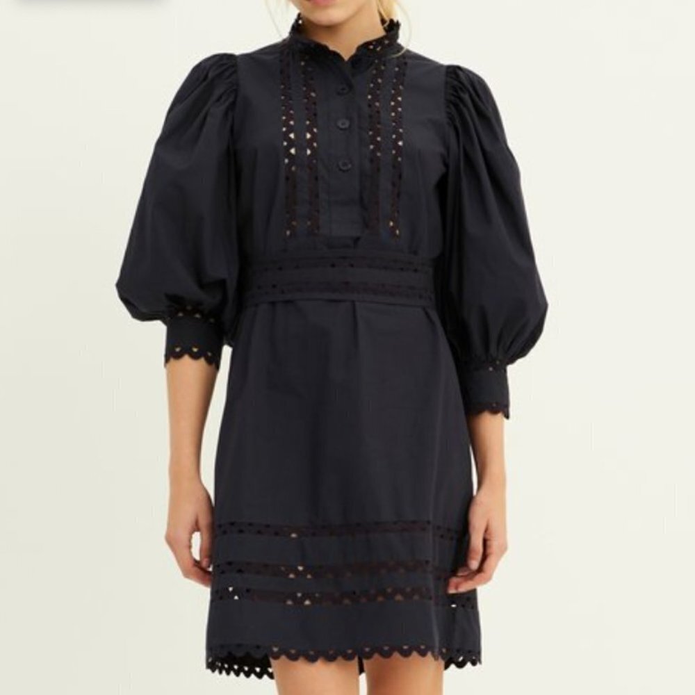 New Antik Batik Mali Navy Blue Long Sleeve Button Lace Dress Puff Sleeve 40